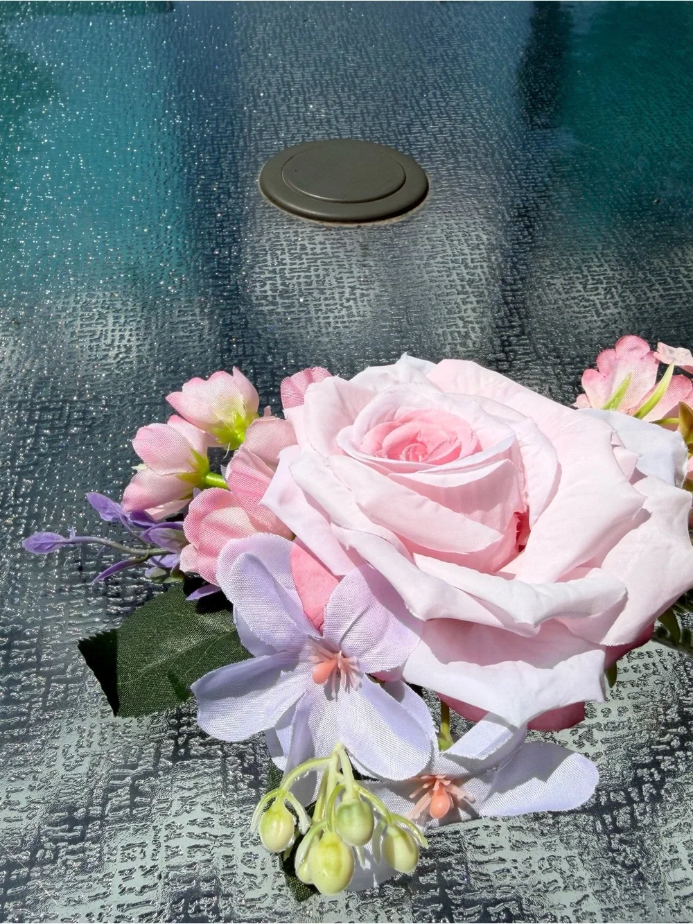 Source Unknown Pastel Pink Rose Hairpiece with Green Accents